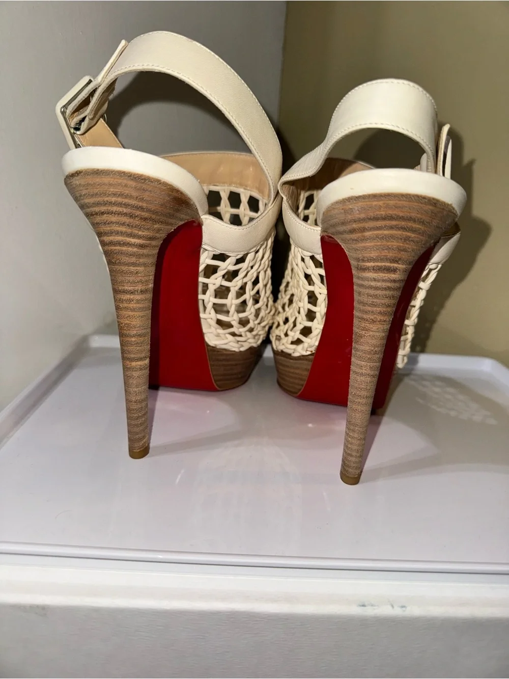 Christian Louboutin Cream Woven Slingback High-Heel Sandals